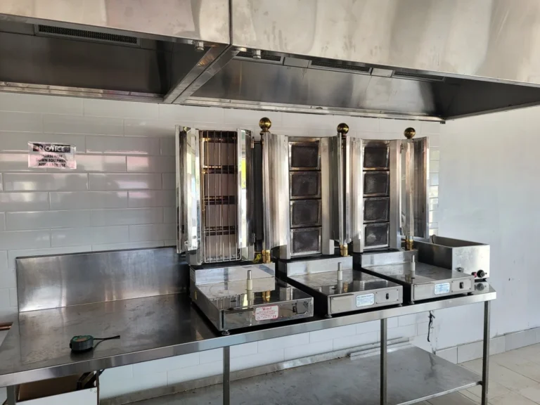 Vertical kebab grills and bench fryers under a canopy